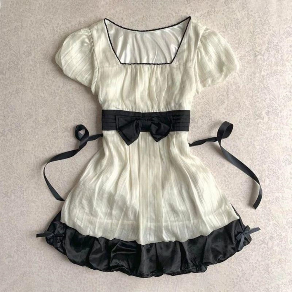 Zara Summer Princess Color Block Bow Square Neck Dress White